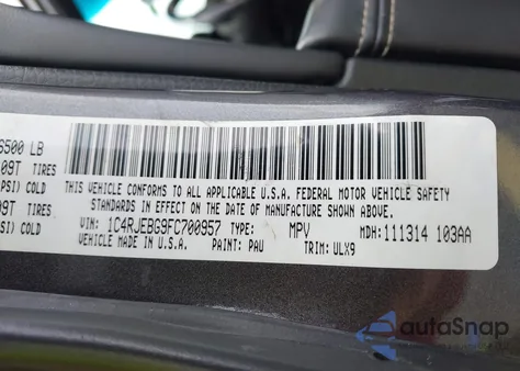 2015 Jeep Grand Cherokee Limited z USA, uszkodzony, nr VIN 1C4RJEBG9FC700957